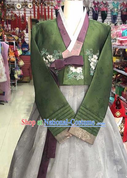 Korean Traditional Hanbok Atrovirens Blouse and Grey Dress Asian Korea Princess Fashion Costume for Women