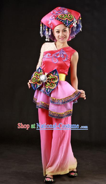 Chinese Traditional Zhuang Nationality Rosy Outfits Ethnic Minority Folk Dance Stage Show Costume for Women