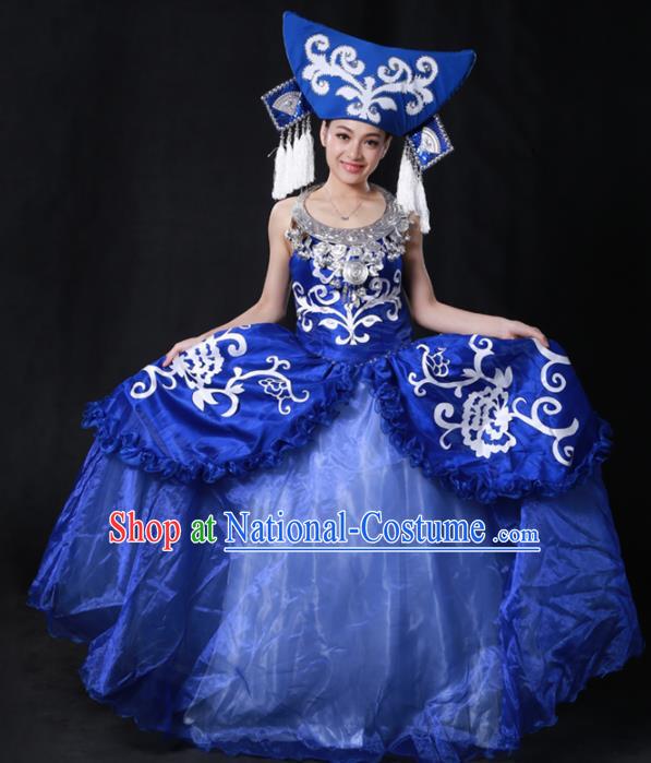 Chinese Traditional Guangxi Zhuang Nationality Stage Show Royalblue Long Dress Ethnic Minority Folk Dance Costume for Women