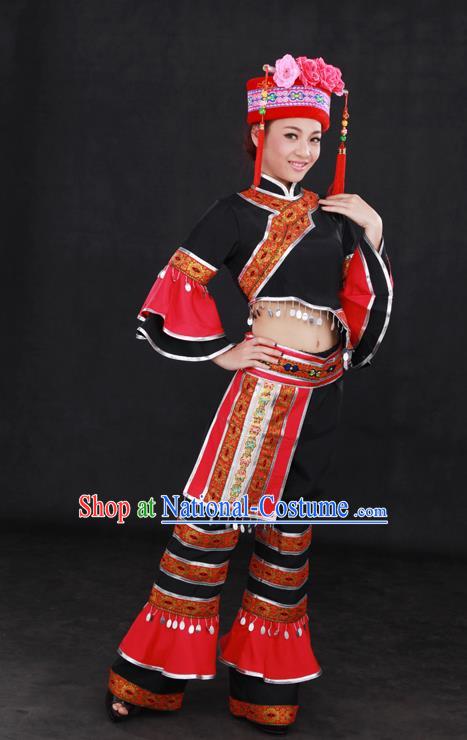 Chinese Traditional Mulao Nationality Black Outfits Ethnic Minority Folk Dance Stage Show Costume for Women