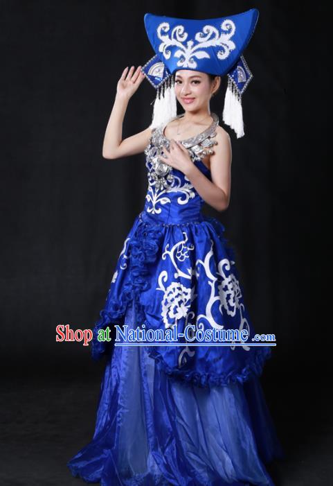 Chinese Traditional Guangxi Zhuang Nationality Stage Show Royalblue Long Dress Ethnic Minority Folk Dance Costume for Women