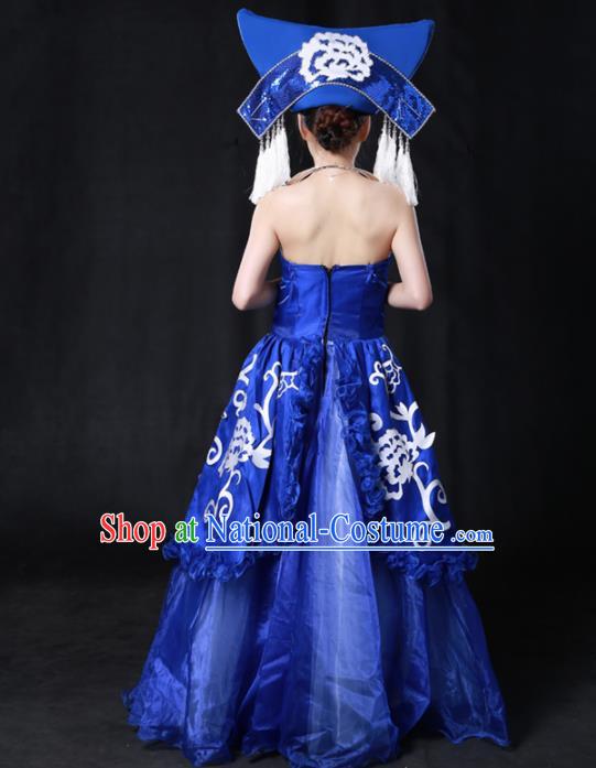 Chinese Traditional Guangxi Zhuang Nationality Stage Show Royalblue Long Dress Ethnic Minority Folk Dance Costume for Women