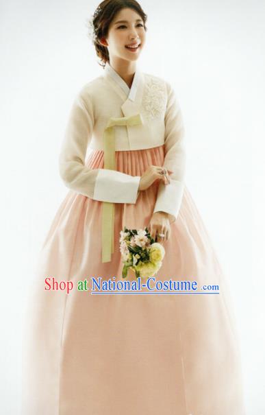 Korean Traditional Hanbok Bride White Blouse and Pink Dress Outfits Asian Korea Fashion Costume for Women