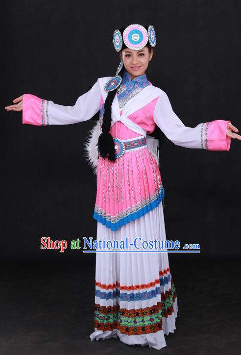 Chinese Traditional Naxi Nationality White Dress Ethnic Minority Folk Dance Stage Show Costume for Women