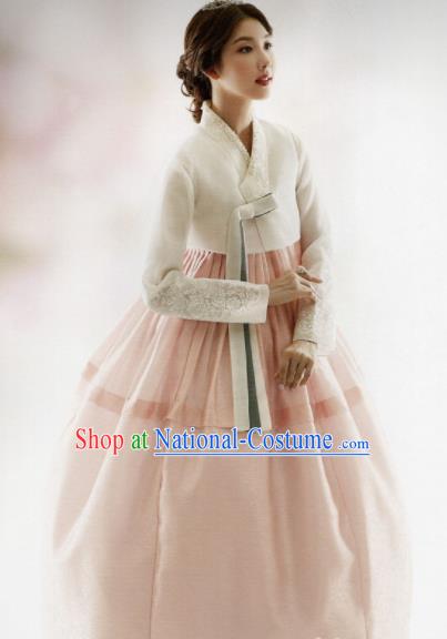 Korean Traditional Hanbok Bride White Blouse and Pink Dress Outfits Asian Korea Fashion Costume for Women