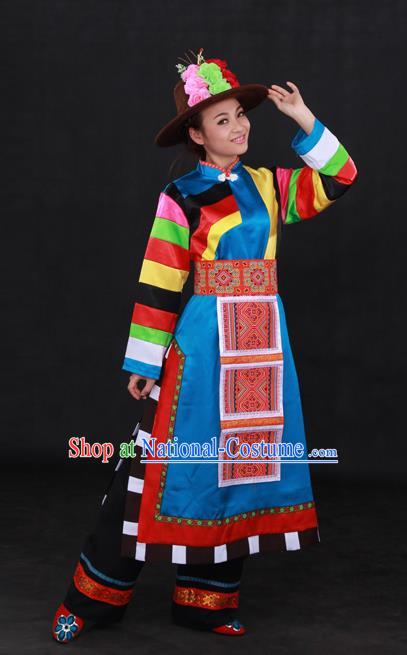 Chinese Traditional Tu Nationality Blue Dress Ethnic Minority Folk Dance Stage Show Costume for Women