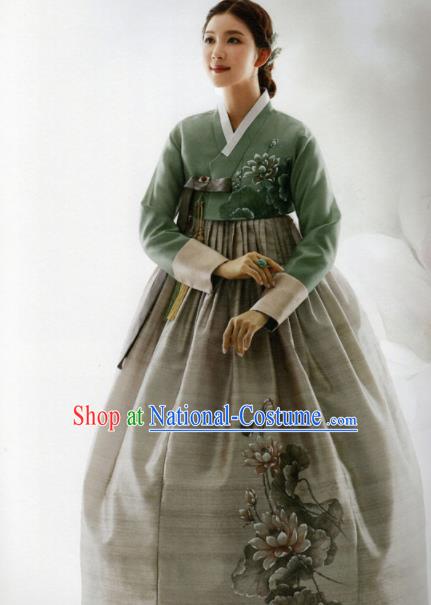 Korean Traditional Hanbok Bride Green Blouse and Printing Lotus Grey Dress Outfits Asian Korea Wedding Fashion Costume for Women