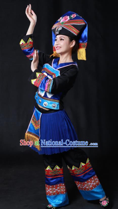 Chinese Traditional Guangxi Zhuang Nationality Stage Show Black Outfits Ethnic Minority Folk Dance Costume for Women