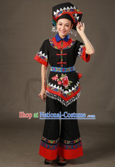 Chinese Traditional Zhuang Nationality Black Outfits Ethnic Minority Folk Dance Stage Show Costume for Women