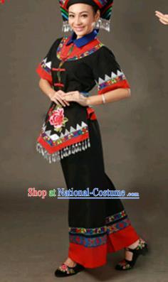 Chinese Traditional Zhuang Nationality Black Outfits Ethnic Minority Folk Dance Stage Show Costume for Women