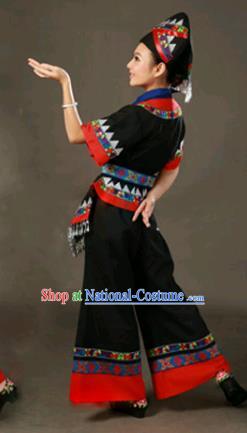 Chinese Traditional Zhuang Nationality Black Outfits Ethnic Minority Folk Dance Stage Show Costume for Women