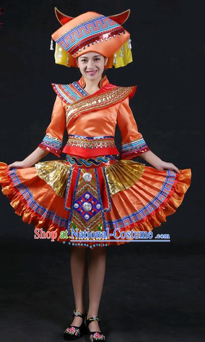 Chinese Traditional Zhuang Nationality Stage Show Orange Short Dress Ethnic Minority Folk Dance Costume for Women