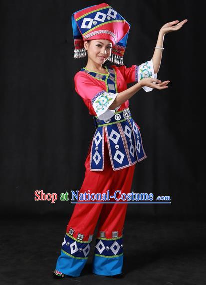 Chinese Traditional Zhuang Nationality Rosy Outfits Ethnic Minority Folk Dance Stage Show Costume for Women