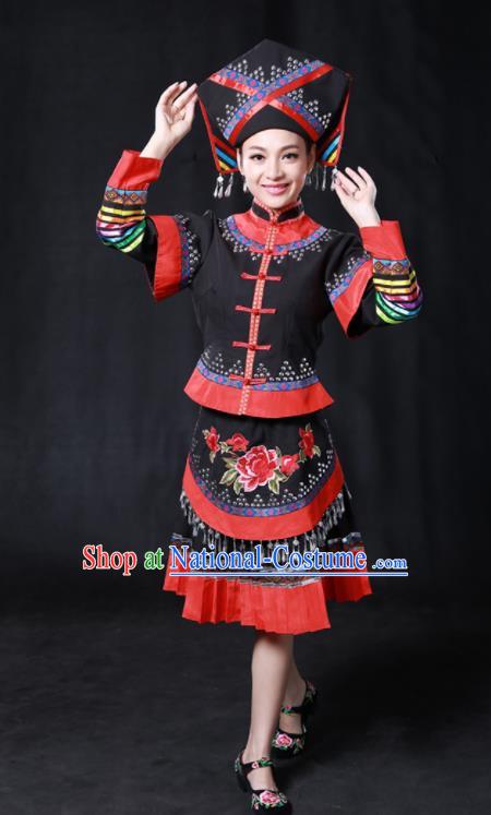 Chinese Traditional Guangxi Zhuang Nationality Stage Show Black Short Dress Ethnic Minority Folk Dance Costume for Women