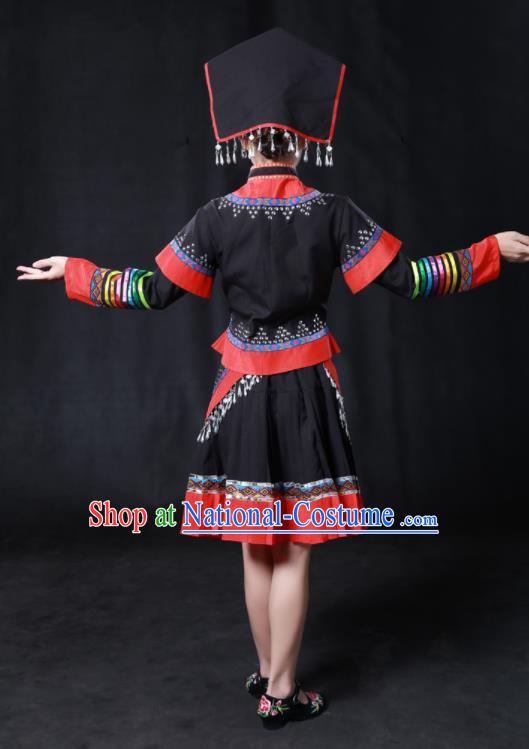 Chinese Traditional Guangxi Zhuang Nationality Stage Show Black Short Dress Ethnic Minority Folk Dance Costume for Women