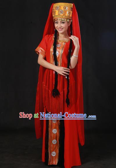 Chinese Traditional Tajik Nationality Red Dress Ethnic Minority Folk Dance Stage Show Costume for Women