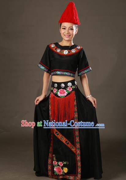 Chinese Traditional Gelao Nationality Black Dress Ethnic Minority Folk Dance Stage Show Costume for Women