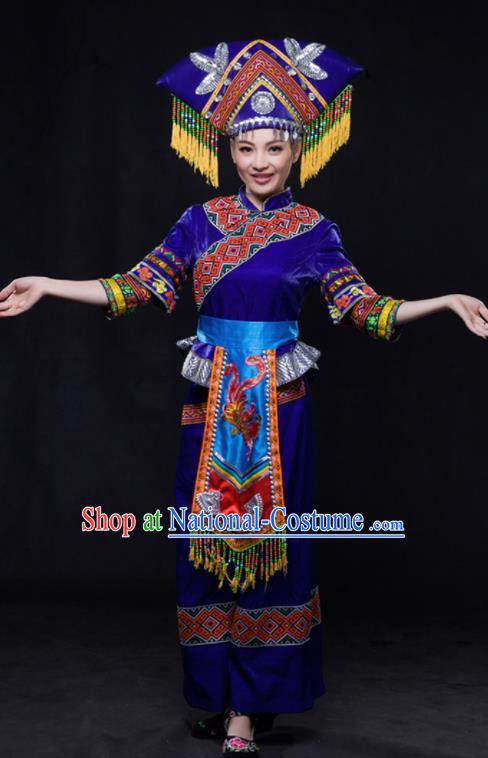 Chinese Traditional Guangxi Zhuang Nationality Royalblue Outfits Ethnic Minority Folk Dance Stage Show Costume for Women