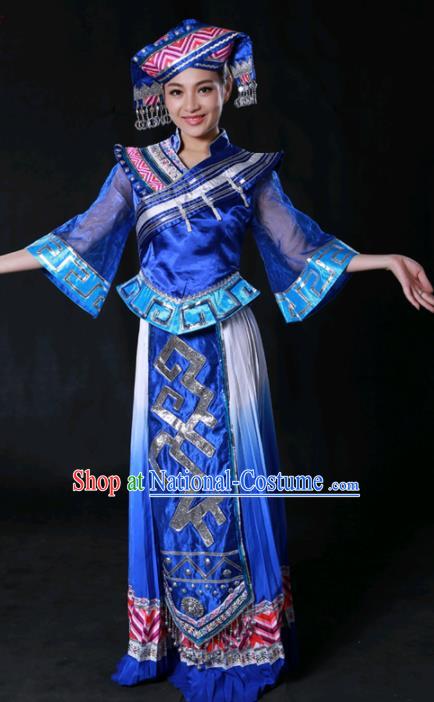 Chinese Traditional Guangxi Zhuang Nationality Royalblue Dress Ethnic Minority Folk Dance Stage Show Costume for Women