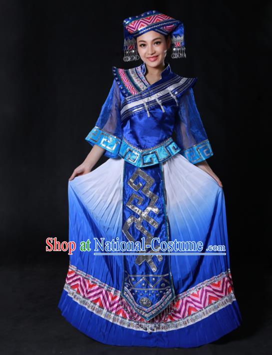 Chinese Traditional Guangxi Zhuang Nationality Royalblue Dress Ethnic Minority Folk Dance Stage Show Costume for Women