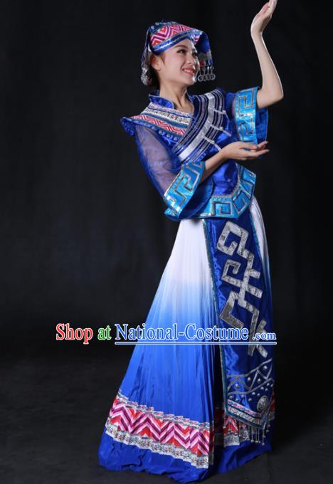 Chinese Traditional Guangxi Zhuang Nationality Royalblue Dress Ethnic Minority Folk Dance Stage Show Costume for Women