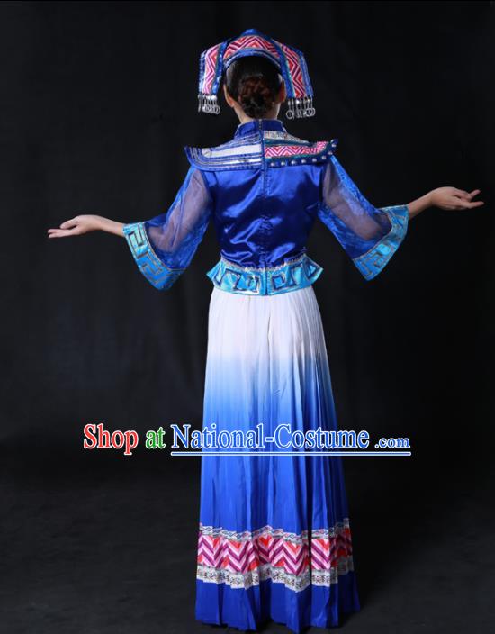 Chinese Traditional Guangxi Zhuang Nationality Royalblue Dress Ethnic Minority Folk Dance Stage Show Costume for Women