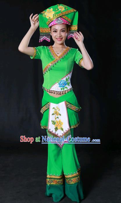 Chinese Traditional Guangxi Zhuang Nationality Green Outfits Ethnic Minority Folk Dance Stage Show Costume for Women