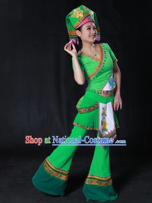 Chinese Traditional Guangxi Zhuang Nationality Green Outfits Ethnic Minority Folk Dance Stage Show Costume for Women