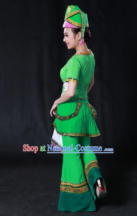 Chinese Traditional Guangxi Zhuang Nationality Green Outfits Ethnic Minority Folk Dance Stage Show Costume for Women