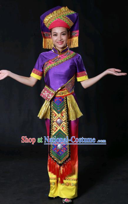 Chinese Traditional Guangxi Zhuang Nationality Purple Outfits Ethnic Minority Folk Dance Stage Show Costume for Women