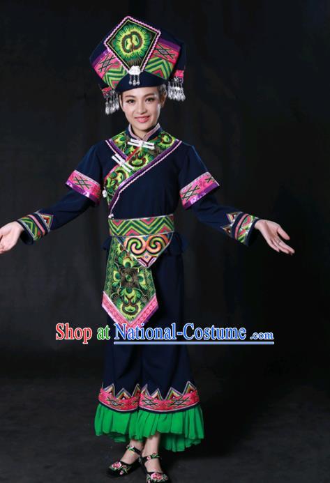 Chinese Traditional Guangxi Zhuang Nationality Navy Outfits Ethnic Minority Folk Dance Stage Show Costume for Women