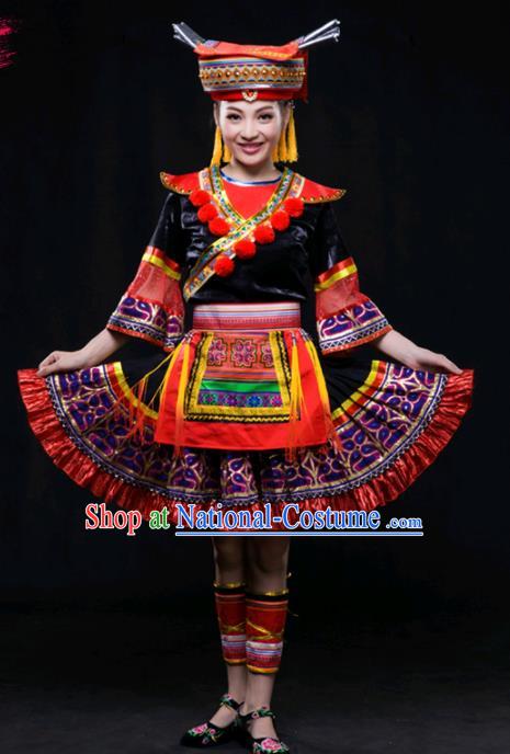 Chinese Traditional Yao Nationality Short Dress Ethnic Minority Folk Dance Stage Show Costume for Women