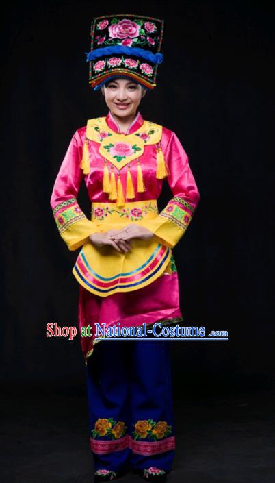 Chinese Traditional Qiang Nationality Rosy Outfits Ethnic Minority Folk Dance Stage Show Costume for Women