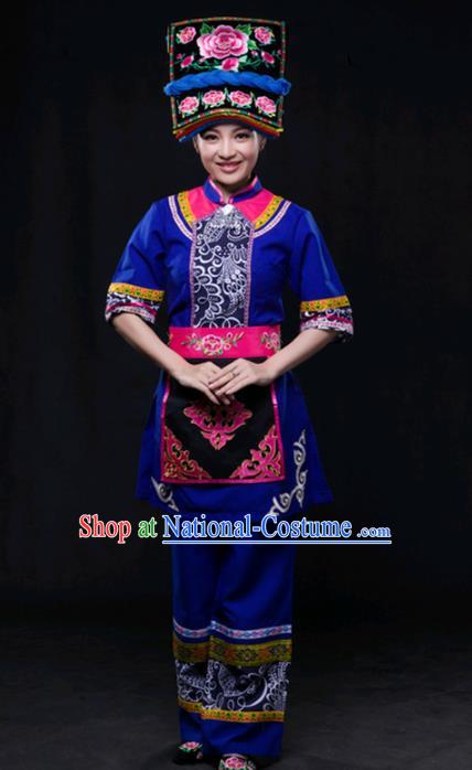 Chinese Traditional Qiang Nationality Deep Blue Outfits Ethnic Minority Folk Dance Stage Show Costume for Women