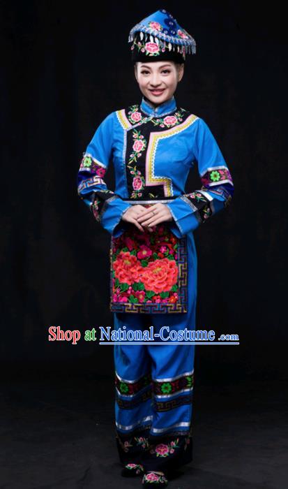 Chinese Traditional Maonan Nationality Blue Outfits Ethnic Minority Folk Dance Stage Show Costume for Women