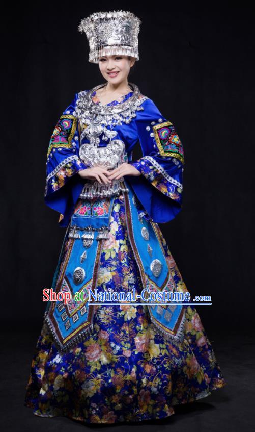 Chinese Traditional Miao Nationality Wedding Royalblue Dress Ethnic Minority Folk Dance Stage Show Costume for Women