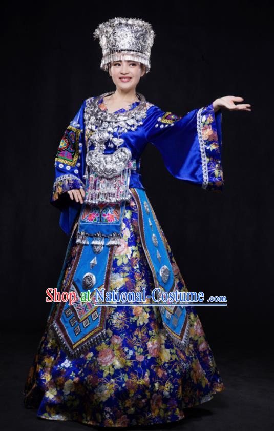 Chinese Traditional Miao Nationality Wedding Royalblue Dress Ethnic Minority Folk Dance Stage Show Costume for Women