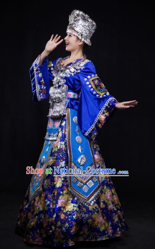 Chinese Traditional Miao Nationality Wedding Royalblue Dress Ethnic Minority Folk Dance Stage Show Costume for Women