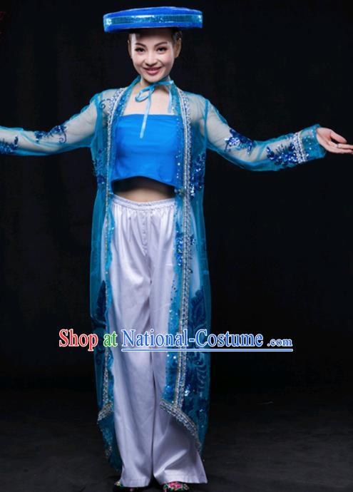 Chinese Traditional Jing Nationality Blue Outfits Ethnic Minority Folk Dance Stage Show Costume for Women