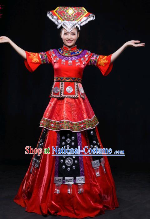 Chinese Traditional Zhuang Nationality Wedding Red Dress Ethnic Minority Folk Dance Stage Show Costume for Women