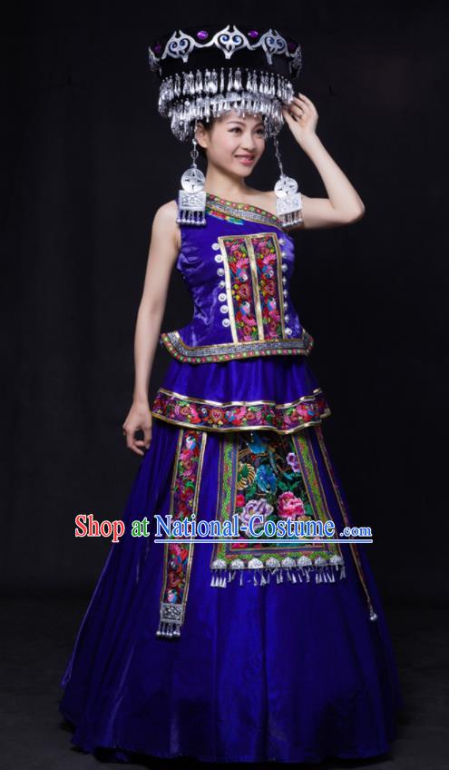 Chinese Traditional Miao Nationality Wedding Royalblue Dress Ethnic Minority Folk Dance Stage Show Costume for Women