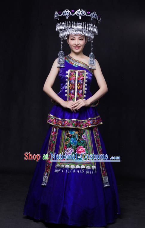 Chinese Traditional Miao Nationality Wedding Royalblue Dress Ethnic Minority Folk Dance Stage Show Costume for Women