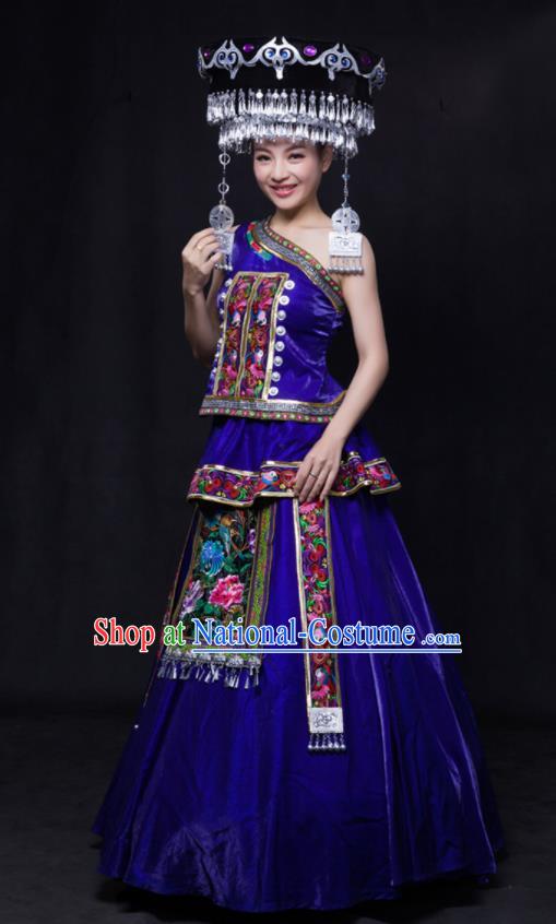 Chinese Traditional Miao Nationality Wedding Royalblue Dress Ethnic Minority Folk Dance Stage Show Costume for Women