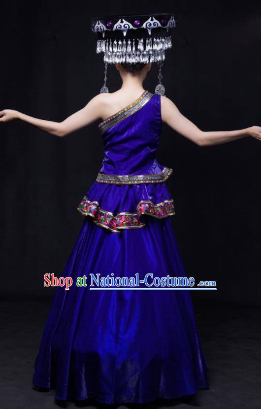 Chinese Traditional Miao Nationality Wedding Royalblue Dress Ethnic Minority Folk Dance Stage Show Costume for Women