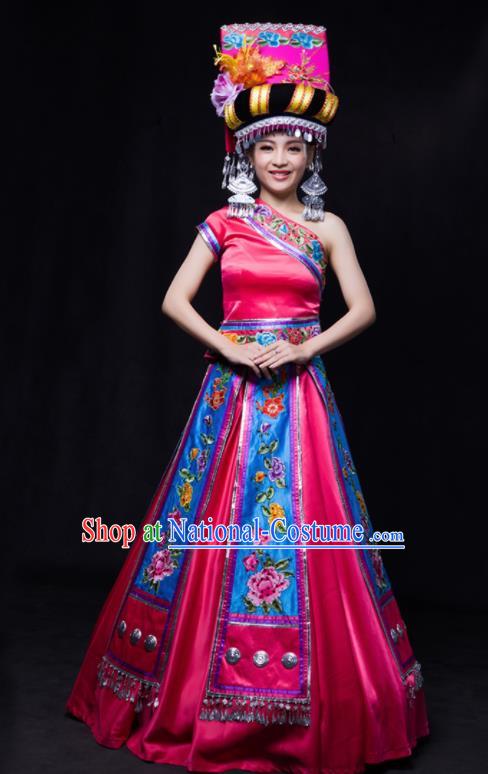 Chinese Traditional Yi Nationality Wedding Rosy Dress Ethnic Minority Folk Dance Stage Show Costume for Women