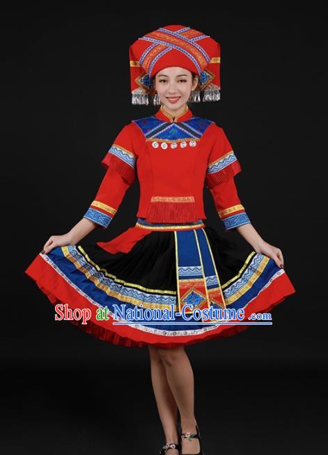 Chinese Traditional Zhuang Nationality Red Short Dress Ethnic Minority Folk Dance Stage Show Costume for Women