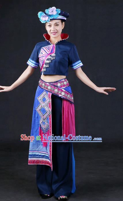 Chinese Traditional Zhuang Nationality Stage Show Navy Outfits Ethnic Minority Folk Dance Costume for Women