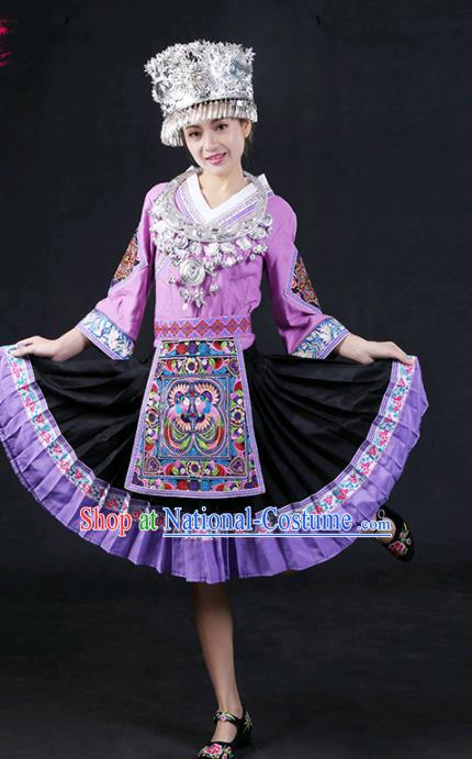 Chinese Traditional Miao Nationality Stage Show Lilac Short Dress Ethnic Minority Folk Dance Costume for Women