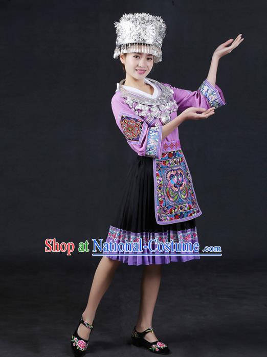 Chinese Traditional Miao Nationality Stage Show Lilac Short Dress Ethnic Minority Folk Dance Costume for Women