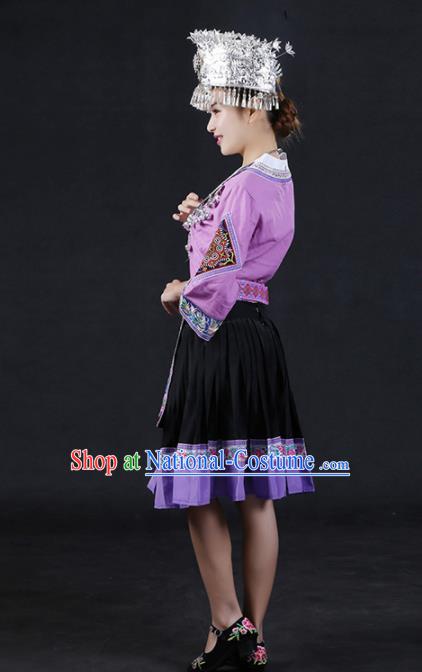 Chinese Traditional Miao Nationality Stage Show Lilac Short Dress Ethnic Minority Folk Dance Costume for Women